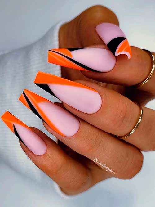 Neon orange and black V French Tip Nails Long Coffin Shaped Neon orange and black V French Tip Nails 2022 on Nude Pink Base Color