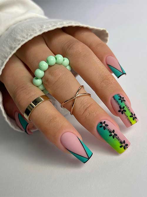 Spring French Tip Nails Matte ombre green French tip nails 2023 with black floral nail art suit springtime