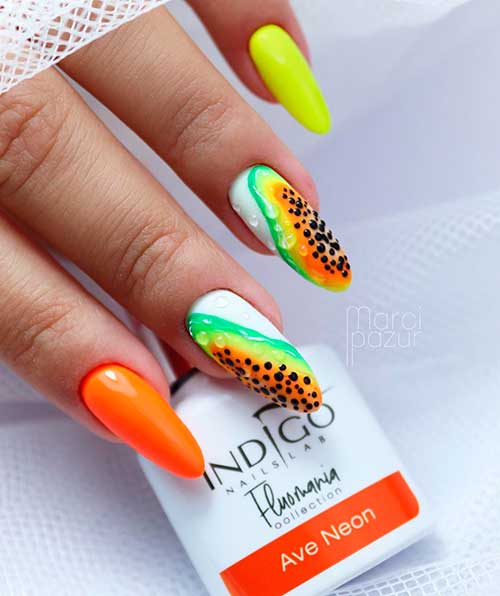 One of the best fruit nails, this cute papaya-inspired nail design! One of the best fruit nails, this cute papaya-inspired nail design! Just opt to this fun summer nails.