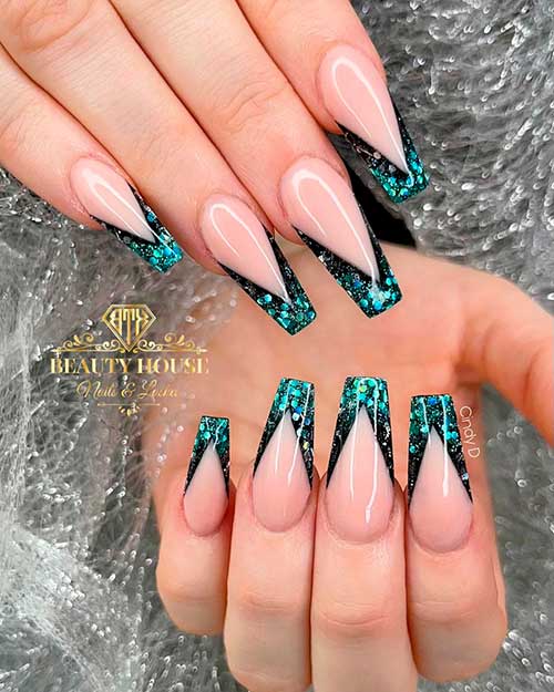 Perfect black v French coffin nails with teal glitter on tips