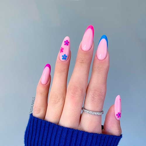 Long Almond Shaped Pink Blue Purple French Tip Nails with Floral Nail Art Design