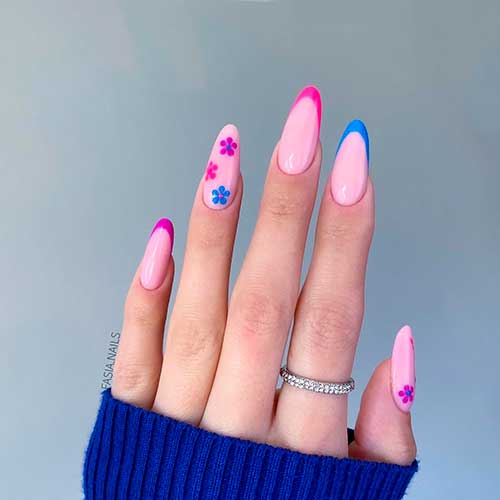 Pink Blue Purple French Tip Nails Long Almond Shaped Pink Blue Purple French Tip Nails with Floral Nail Art Design