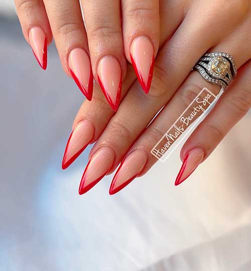 Glossy Red Stiletto V French Manicure