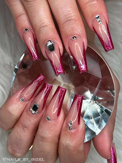 Long Coffin Shimmer Pink V French Tip Nails With Rhinestones