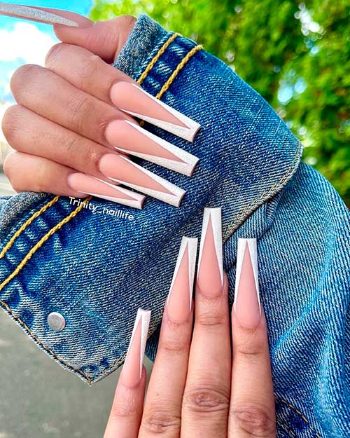 Shimmer White long coffin shaped V French Tip Nails 2021