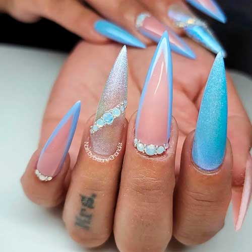 Long Stiletto Shaped Shimmery Light Blue V French Nails 2022 with Pearls