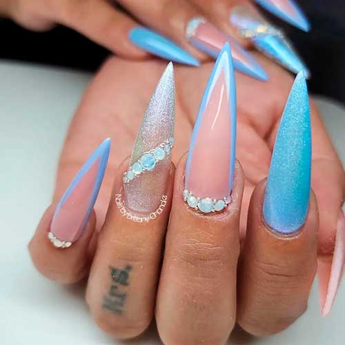 Shimmery Light Blue V French Nails Long Stiletto Shaped Shimmery Light Blue V French Nails 2022 with Pearls