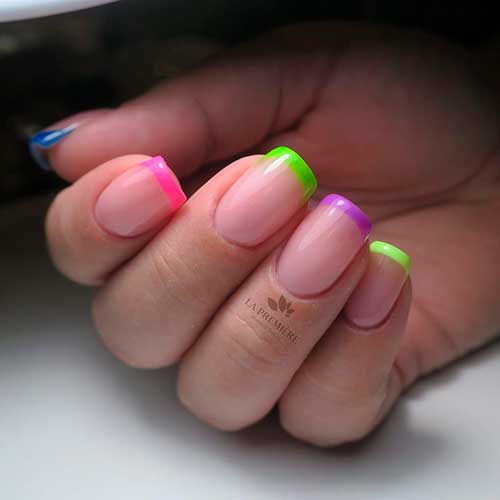 Short squared neon multicolor French tip nails 2020 idea!