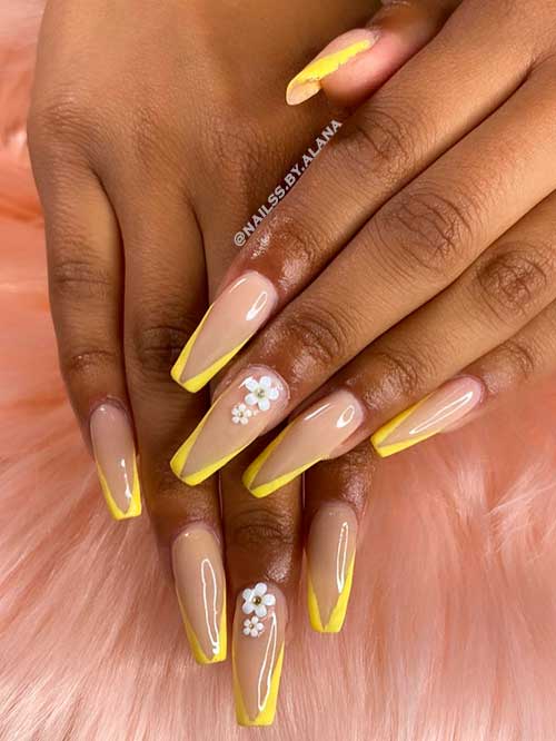 Summer Yellow V French Tip Nails with Flowers on the base of the Middle of the Fingernail