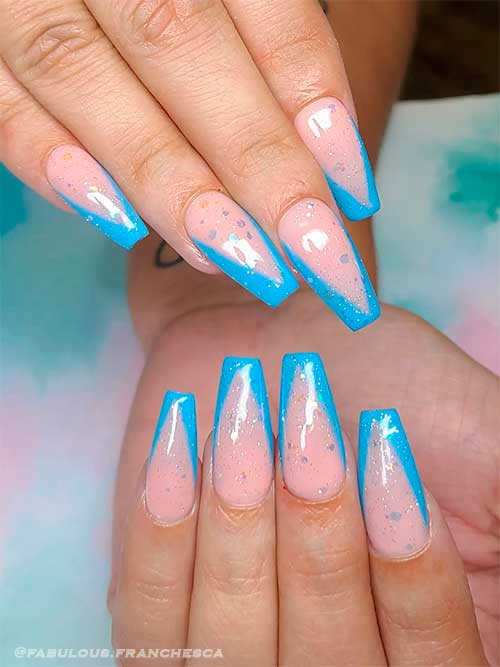 V French Tip Coffin Baby Blue Nails V French Tip Coffin Baby Blue Nails with Glitter