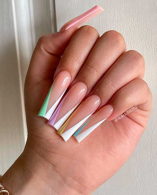 Long Square White V French Nails With Multicolored Pastels Design