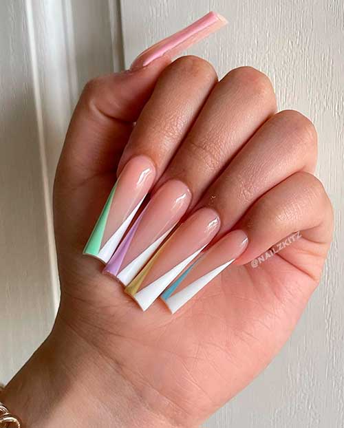 White V French Nails With Pastels Design Long Square White V French Nails With Multicolored Pastels Design