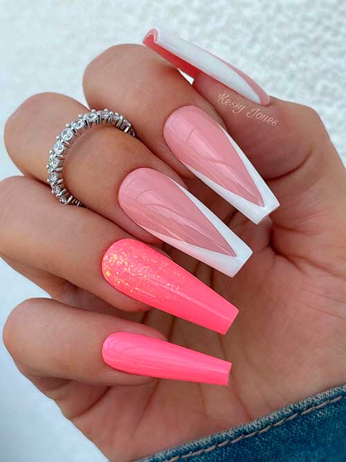 White V French Tip Coffin Nails With Different Pink Shades Accents