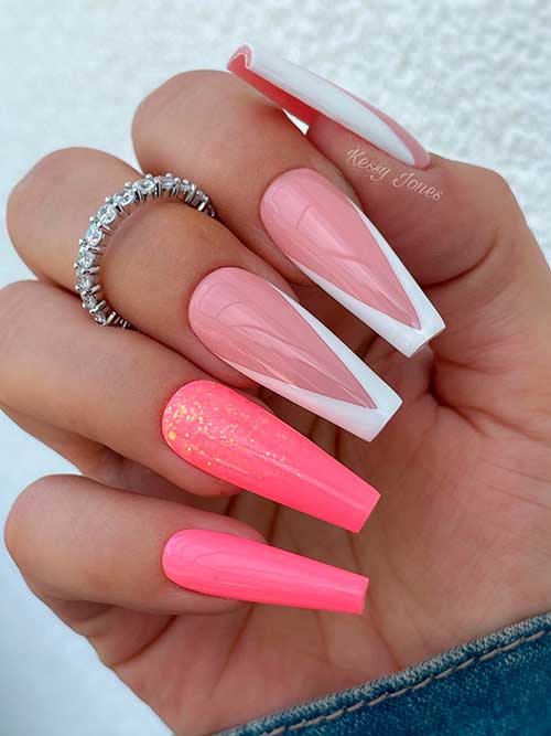 White V French Tip Coffin Nails With Pink Accents White V French Tip Coffin Nails With Different Pink Shades Accents