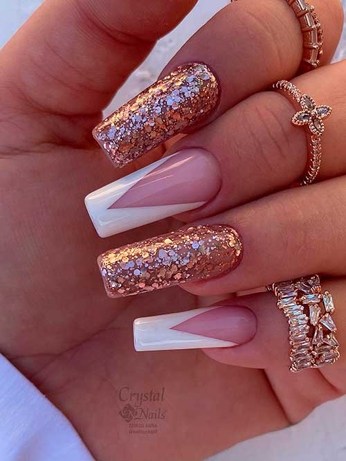 White V Shape French Tip With Gold Glitter