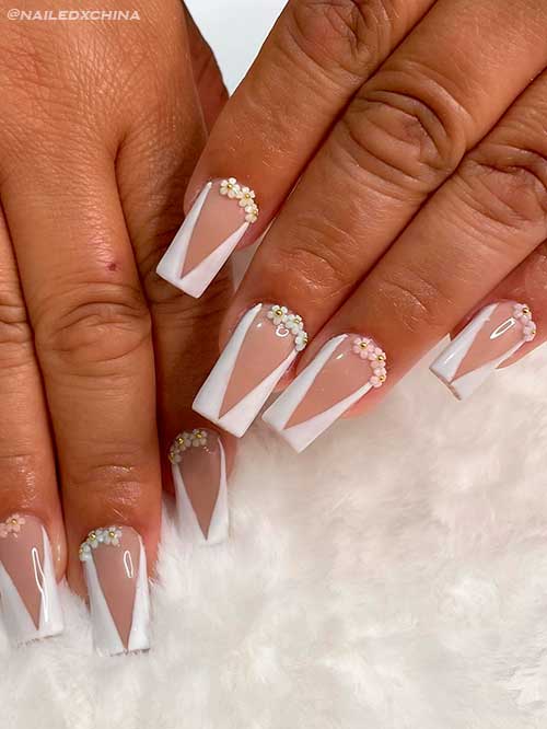 Medium Square Shaped White V Tip Nails with Pastel Flowers for Spring and Summer Times
