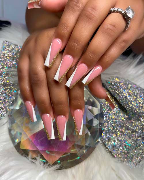 White and Gold Glitter V French Nails Long Coffin White and Gold Glitter V French Nails with Nude Base Color