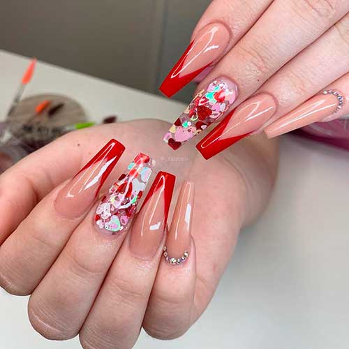 gorgeous valentine red v French nails coffin shaped with accent heart glitter nail to suit valentine’s day! gorgeous valentine red v French nails coffin shaped with accent heart glitter nail to suit valentine’s day!