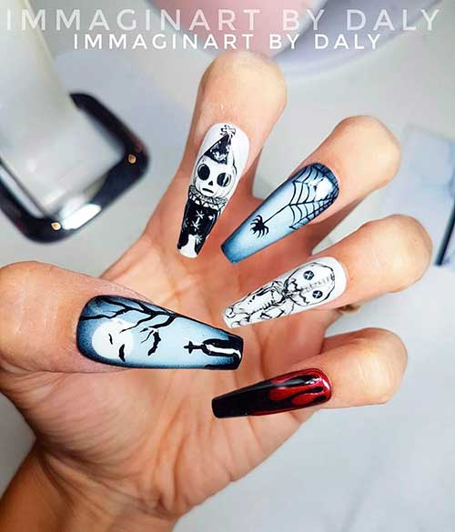 Awesome coffin shaped Gothic, blood drip, corpse, and spider web Halloween press on nails 2020 all in one spooky nails design. Halloween coffin nails consist of Gothic, blood drip, corpse, and spider web Halloween press on nails 2020 all in one spooky nails design - Halloween Nail Ideas