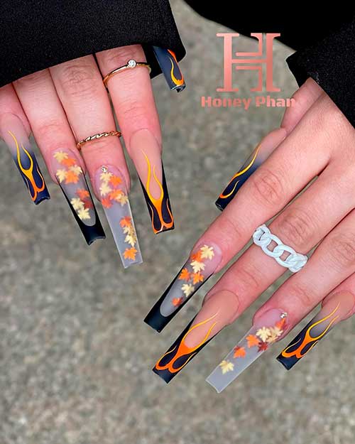 Black Fall Coffin Nails with Maple Leaves and Flame Nail Art