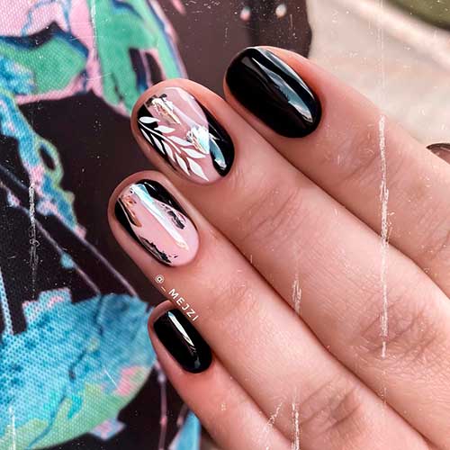 Classy Short Black Nails with two accent black and pink nails with white leaf!