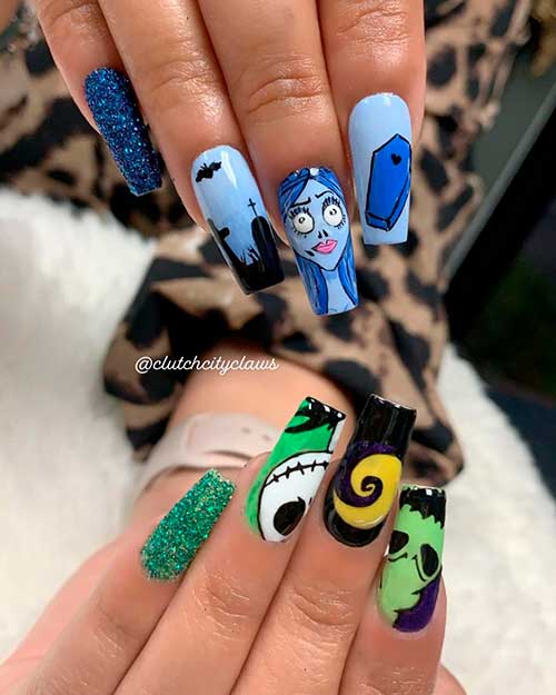 Corpse Bride VS. Nightmare before Christmas Nails Design for Halloween 2020 - Halloween Nail Ideas