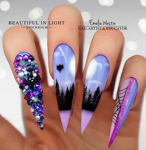 Cute Pastel Purple Halloween Stiletto Nails with A Bling Accent Nail