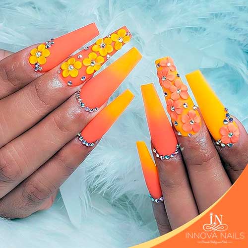 Cute Coffin Shaped  Ombre Orange to Yellow Fall Nails with 3D Flowers and Rhinestones