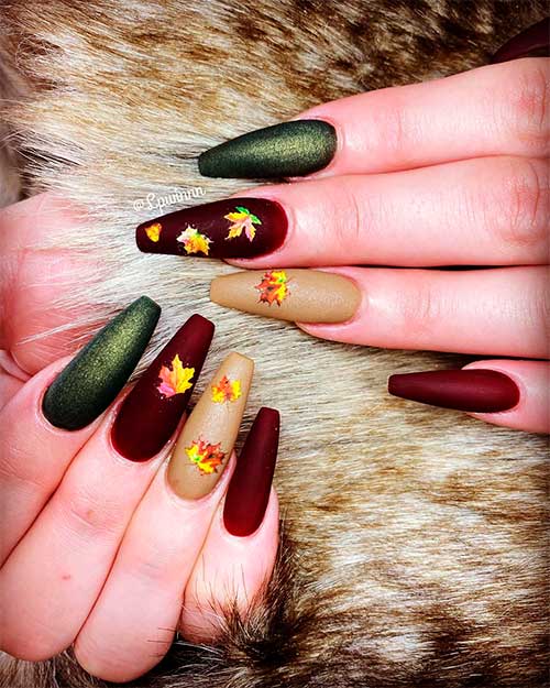 Cute burgundy fall nails 2020 coffin shaped with two accent nails nude colored and metallic olive green nails!