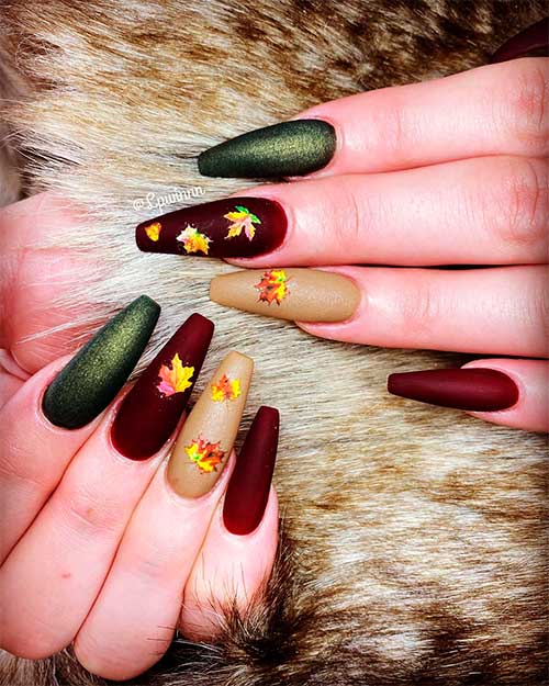 Cute burgundy fall nails 2020 coffin shaped with two accent nails nude colored and metallic olive green nails! Cute burgundy fall nails 2020 coffin shaped with two accent nails nude colored and metallic olive green nails!