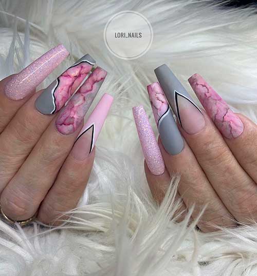 Cute coffin shaped matte grey and pink nails between pink marble nails and pink glitter nails!