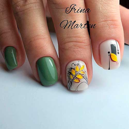 Cute short fall nails consist of short olive green nails, and the burnt yellow leaves on two off white nails!