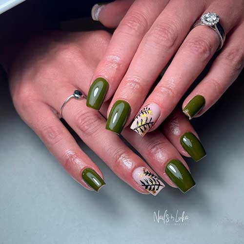 Medium Square Shaped Fall Olive Green Nails with Leaf Nail Art on Nude Accent Nail