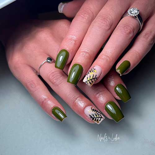Fall Olive Green Nails Medium Square Shaped Fall Olive Green Nails with Leaf Nail Art on Nude Accent Nail