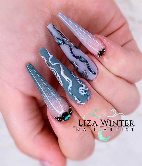 Cute Long coffin grey nails with shimmer ombre grey and pink nails and rhinestones