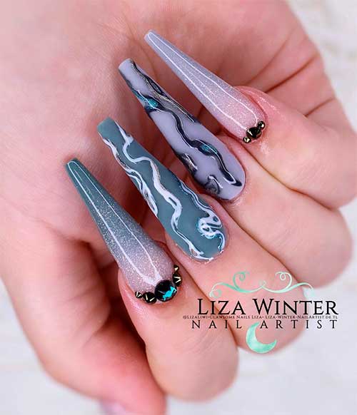 Cute Long coffin grey nails with shimmer ombre grey and pink nails and rhinestones Cute Long coffin grey nails with shimmer ombre grey and pink nails and rhinestones