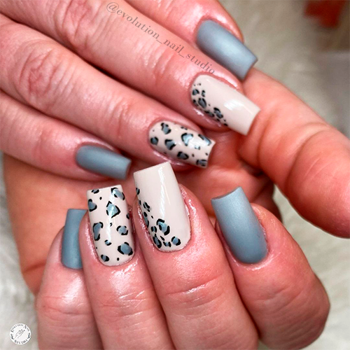 Matte grey nails square shaped with two accent cheetah nails design!