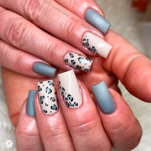 Matte grey nails square shaped with two accent cheetah nails design! Matte grey nails square shaped with two accent cheetah nails design!