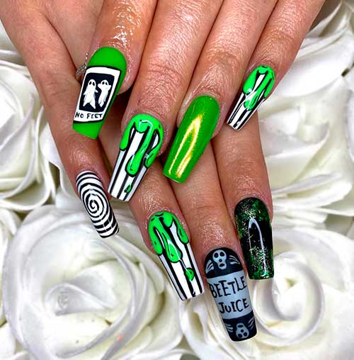 One of the best Halloween nail ideas 2020, this Beetlejuice nails 2020 coffin shaped design - Halloween Nail Ideas