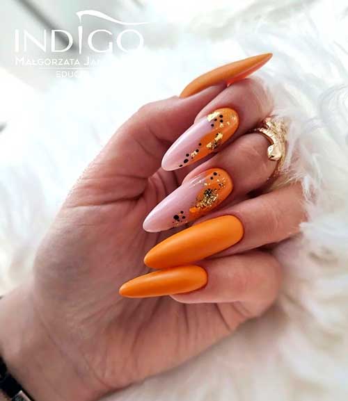 Long Almond Shaped Orange Fall Nails with Two Pink and Organe Accent Nails with Gold Glitter