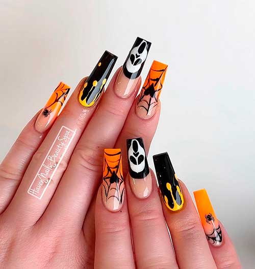 Long Coffin Orange and Black Ombre Halloween Nails