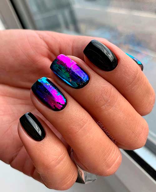 Perfect Black Square Nails Design two accent nails with these perfect colors blending! 