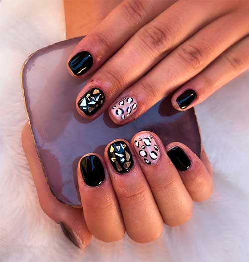Short black nails 2020 with two accent glitter and cheetah nails idea