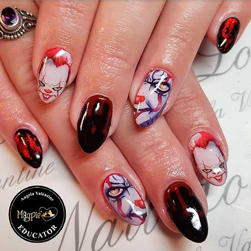 Short clown Halloween gel nails with blood drip nails 2020 design! Short gel Halloween clown nails with blood drip nails 2020 design - Halloween Nail Ideas