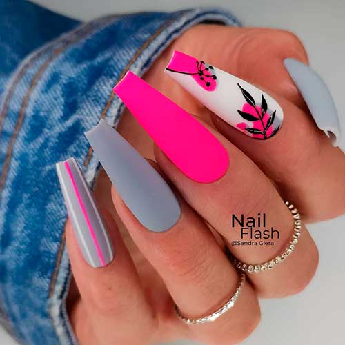matte grey nails 2021 and pink with striped and leaf nail art!