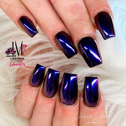 Cute dark purple chrome nails coffin shaped idea that considered perfect fall nails