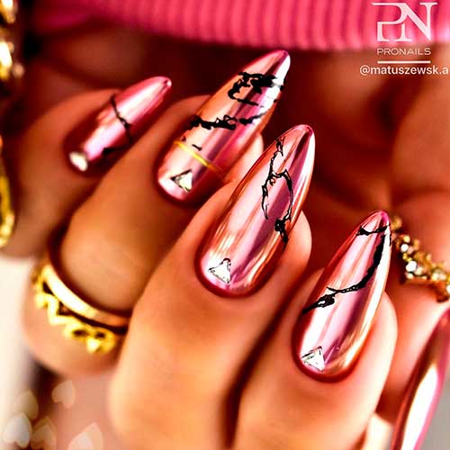 Almond shaped rose gold chrome nails 2020 design that considered best fall nails to try