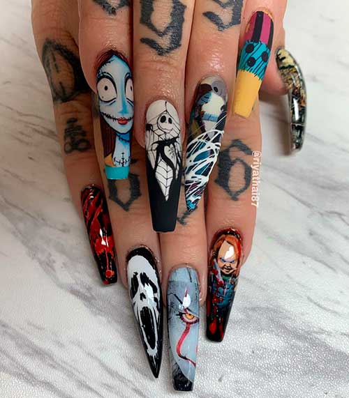 Amazing Halloween nail decals design over coffin and stiletto shaped nails 2020!