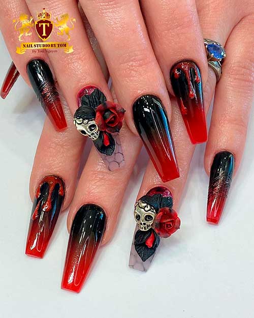 Amazing ombre red black skull nails for a Halloween party