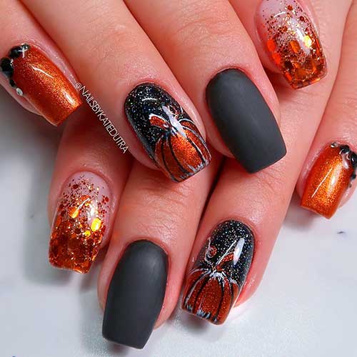 Black and orange color pumpkin nails combo for Halloween